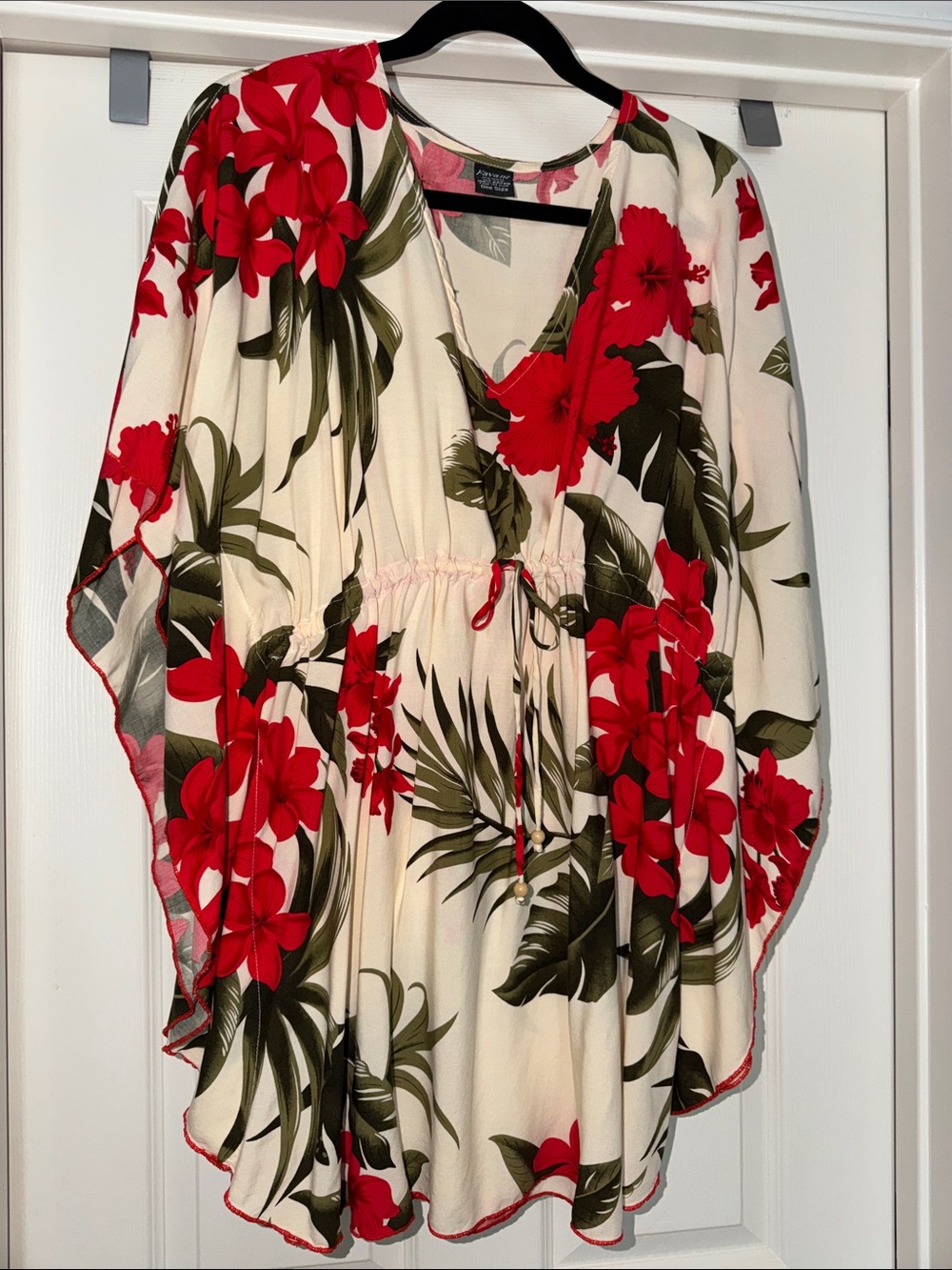 Floral Red & Cream Women’s Swim Coverup with Drawstring Waist